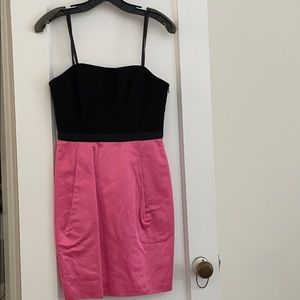 SATIN PINK AND BLACK STRAPLESS COLORBLOCK DRESS